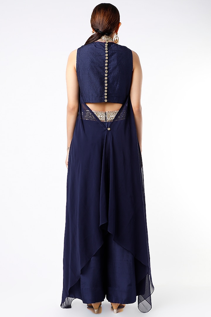 Dark Blue Dupion Silk Pant Set by Anand Kabra at Pernia's Pop Up Shop