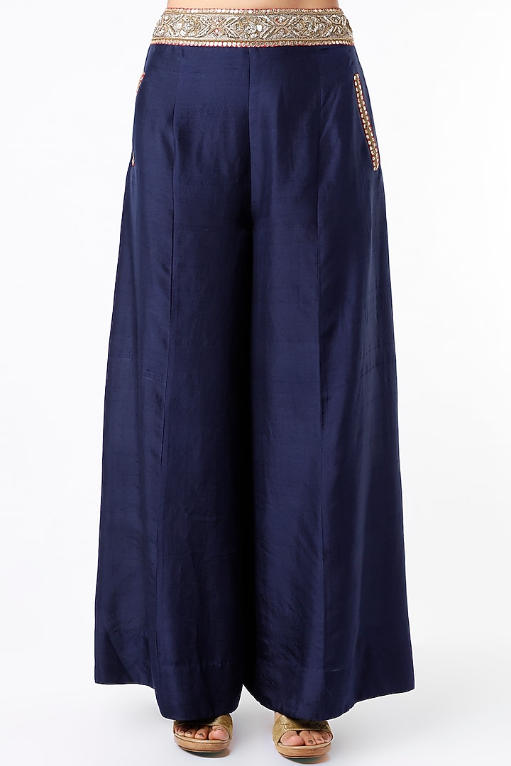 Dark Blue Dupion Silk Pant Set by Anand Kabra at Pernia's Pop Up Shop