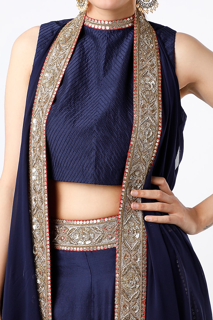 Dark Blue Dupion Silk Pant Set by Anand Kabra at Pernia's Pop Up Shop