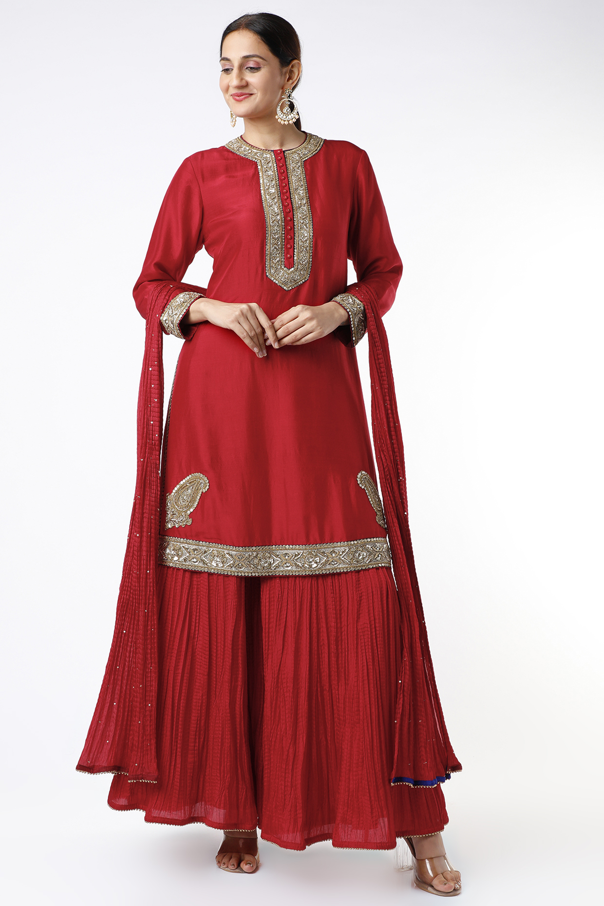 Red Habutai Silk Wedding Sharara Set by Anand Kabra at Pernia's Pop Up Shop