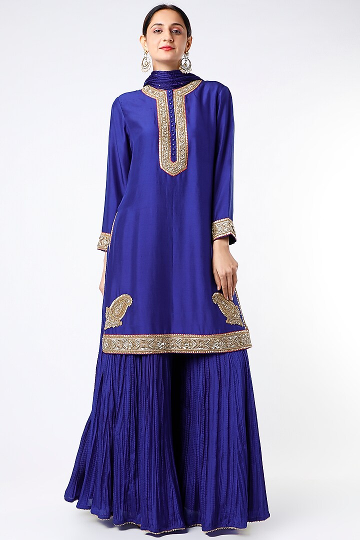 Blue Habutai Silk Wedding Sharara Set by Anand Kabra at Pernia's Pop Up Shop