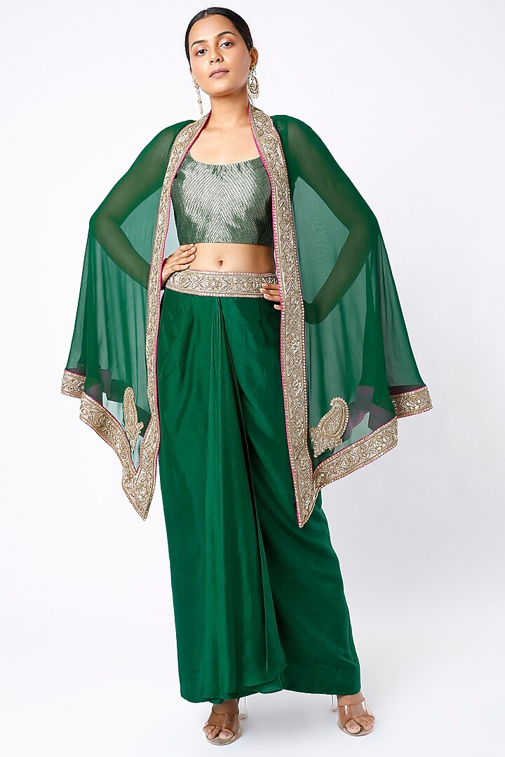 Emerald Green Zardosi Embroidered Skirt Set by Anand Kabra at Pernia's Pop Up Shop