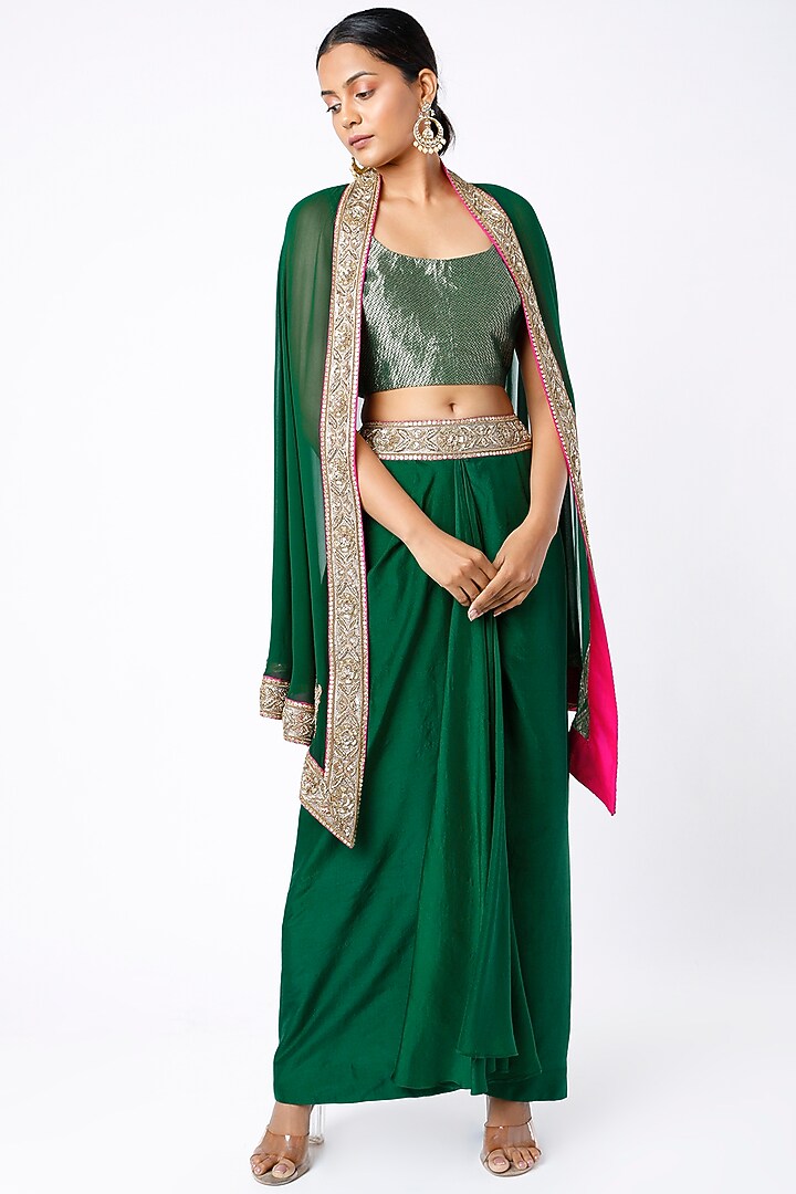 Emerald Green Zardosi Embroidered Skirt Set by Anand Kabra at Pernia's Pop Up Shop