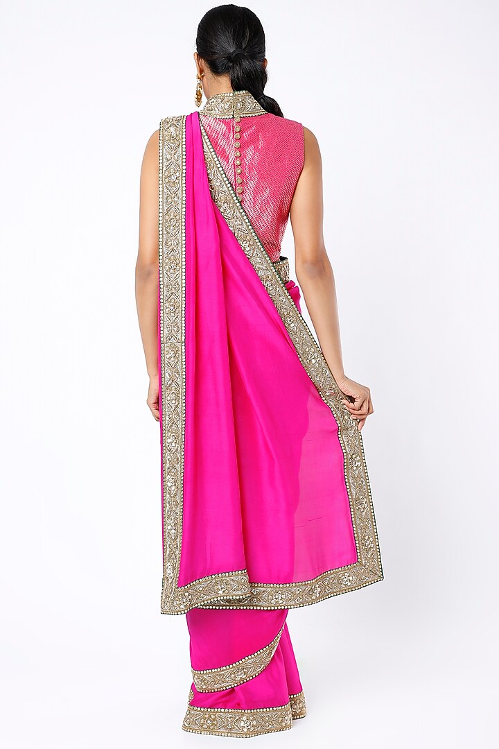 Fuchsia Zardosi Embroidered Wedding Saree Set by Anand Kabra at Pernia's Pop Up Shop