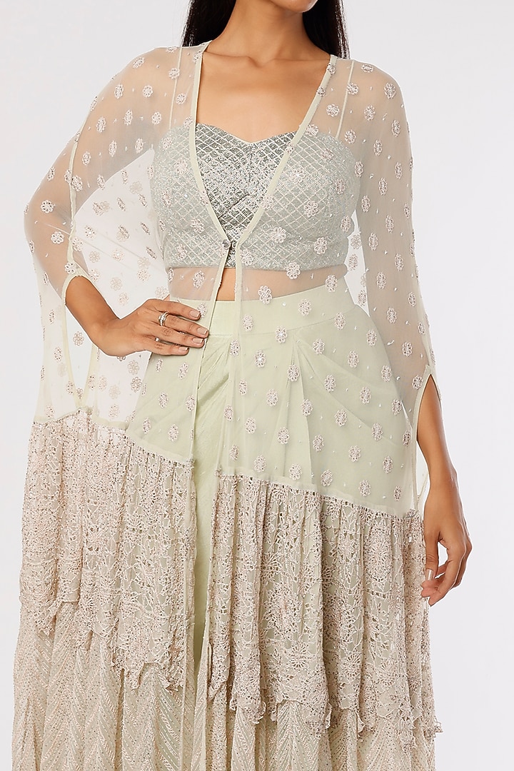 Sea Green Dupion Draped Skirt Set by Anand Kabra at Pernia's Pop Up Shop