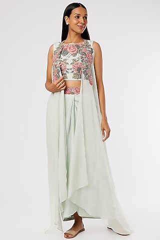 Stone Grey Dupion Draped Skirt Set by Anand Kabra