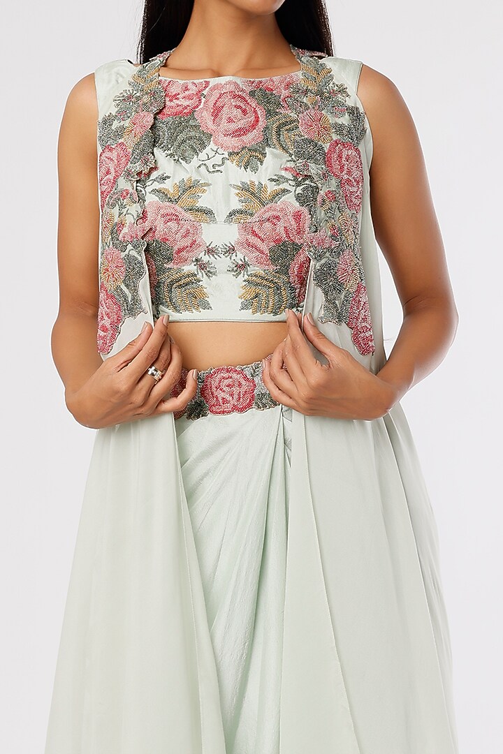 Stone Grey Dupion Draped Skirt Set by Anand Kabra at Pernia's Pop Up Shop