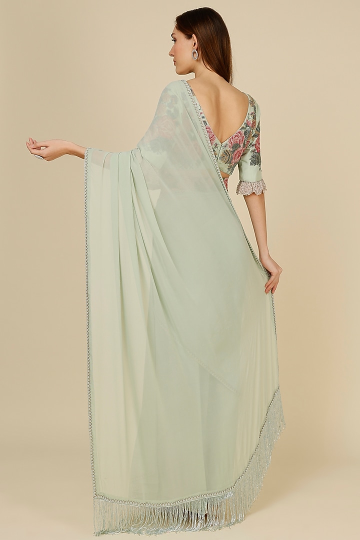 Stone Grey Georgette Draped Reception Saree Set by Anand Kabra at Pernia's Pop Up Shop