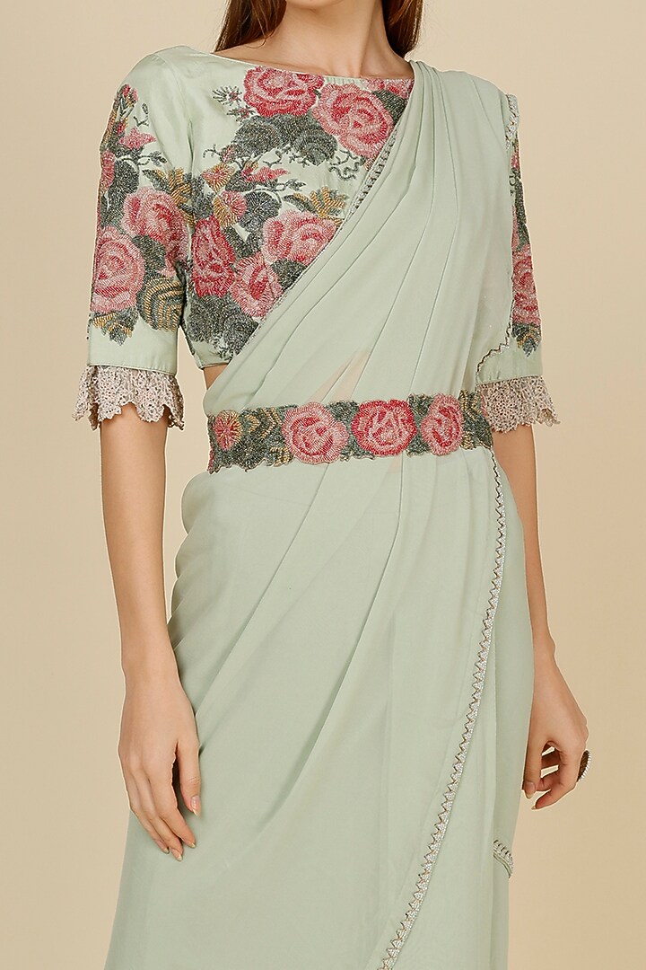 Stone Grey Georgette Draped Reception Saree Set by Anand Kabra at Pernia's Pop Up Shop