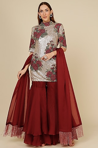 Wine Organza Sharara Set by Anand Kabra