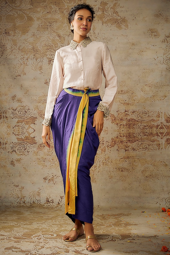 Purple & Mustard Yellow Dupion Silk Skirt Set by Anand Kabra at Pernia's Pop Up Shop