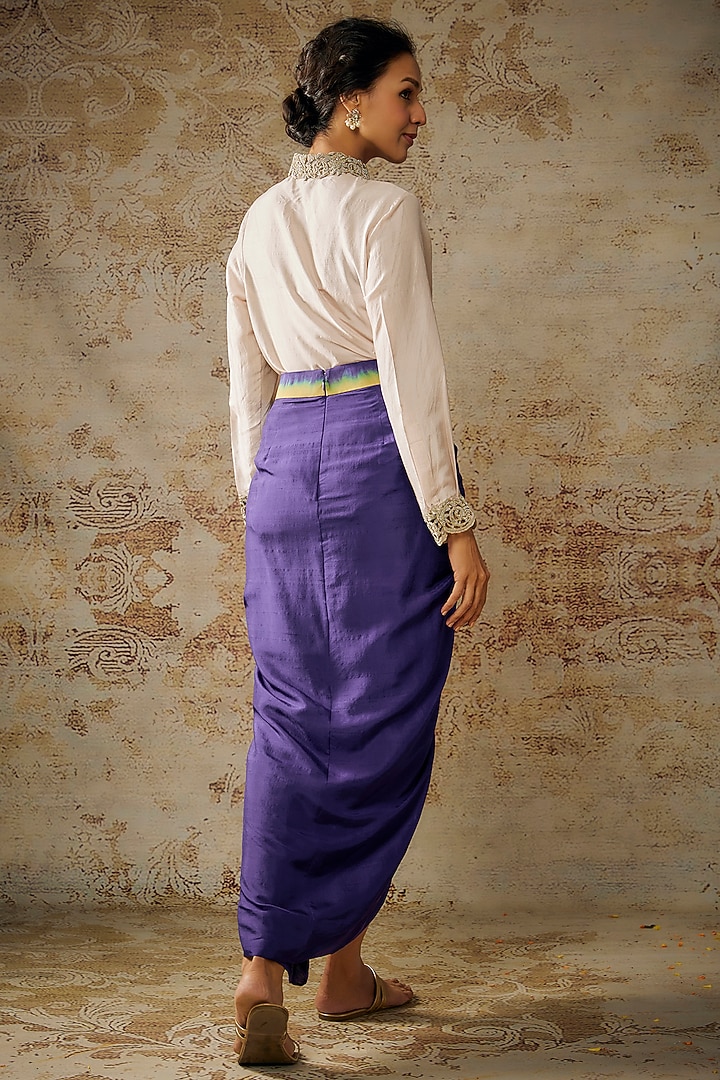 Purple & Mustard Yellow Dupion Silk Skirt Set by Anand Kabra at Pernia's Pop Up Shop