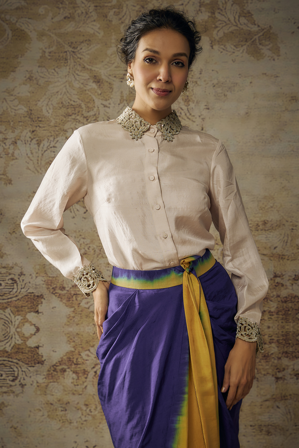 Purple & Mustard Yellow Dupion Silk Skirt Set by Anand Kabra at Pernia's Pop Up Shop