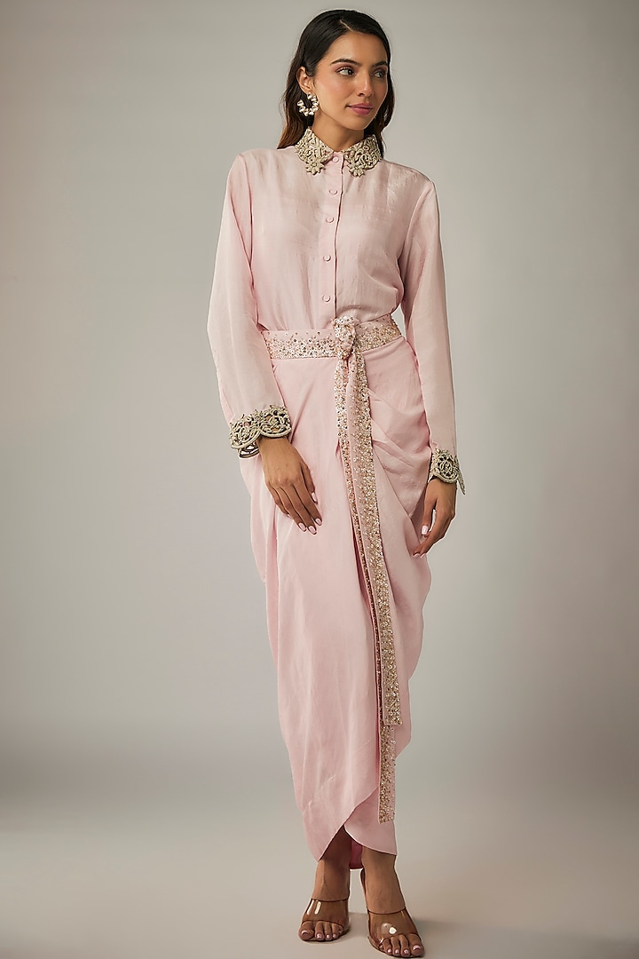 Blush Pink Dupion Silk Zardosi Embroidered Skirt Set by Anand Kabra