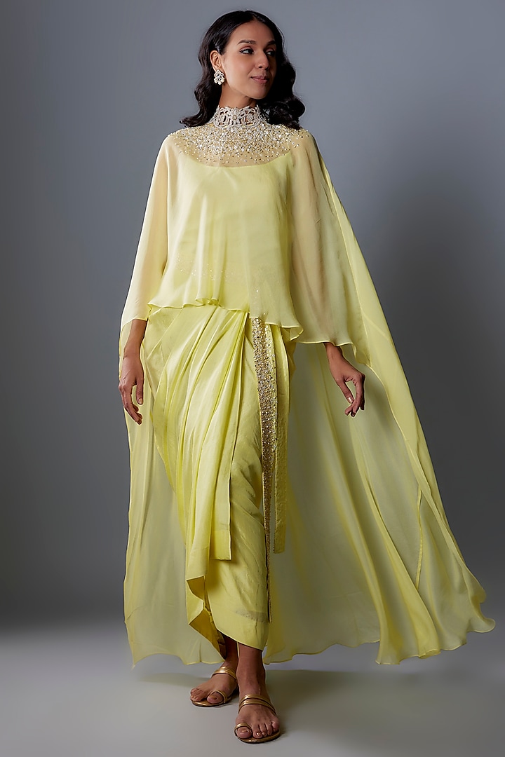 Lime Green Chiffon Sequins Embroidered Cape Set by Anand Kabra at Pernia's Pop Up Shop