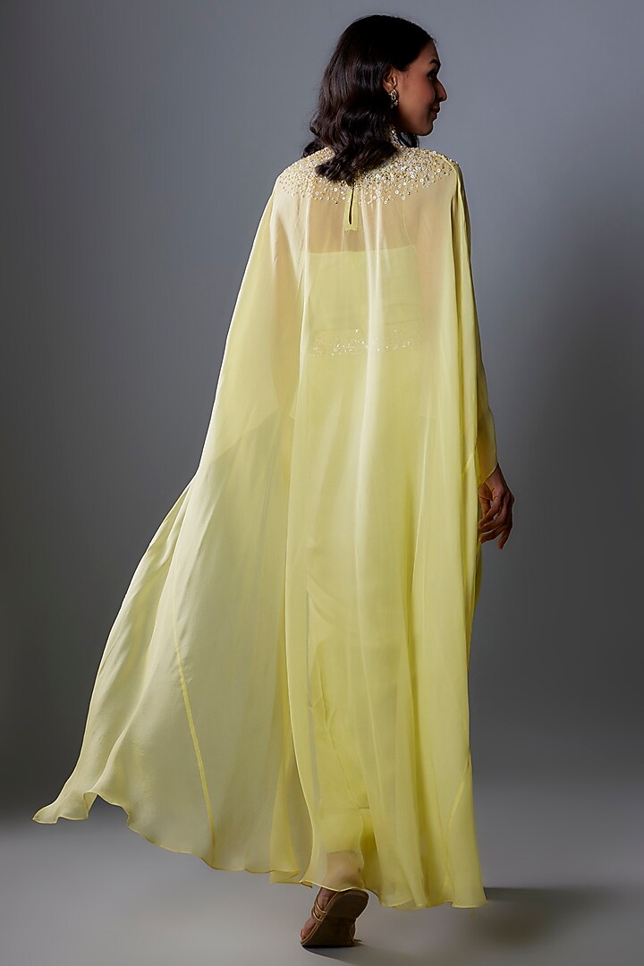 Lime Green Chiffon Sequins Embroidered Cape Set by Anand Kabra at Pernia's Pop Up Shop