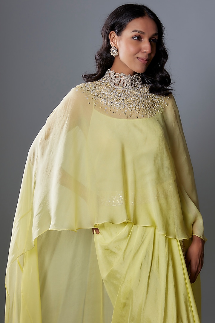 Lime Green Chiffon Sequins Embroidered Cape Set by Anand Kabra at Pernia's Pop Up Shop