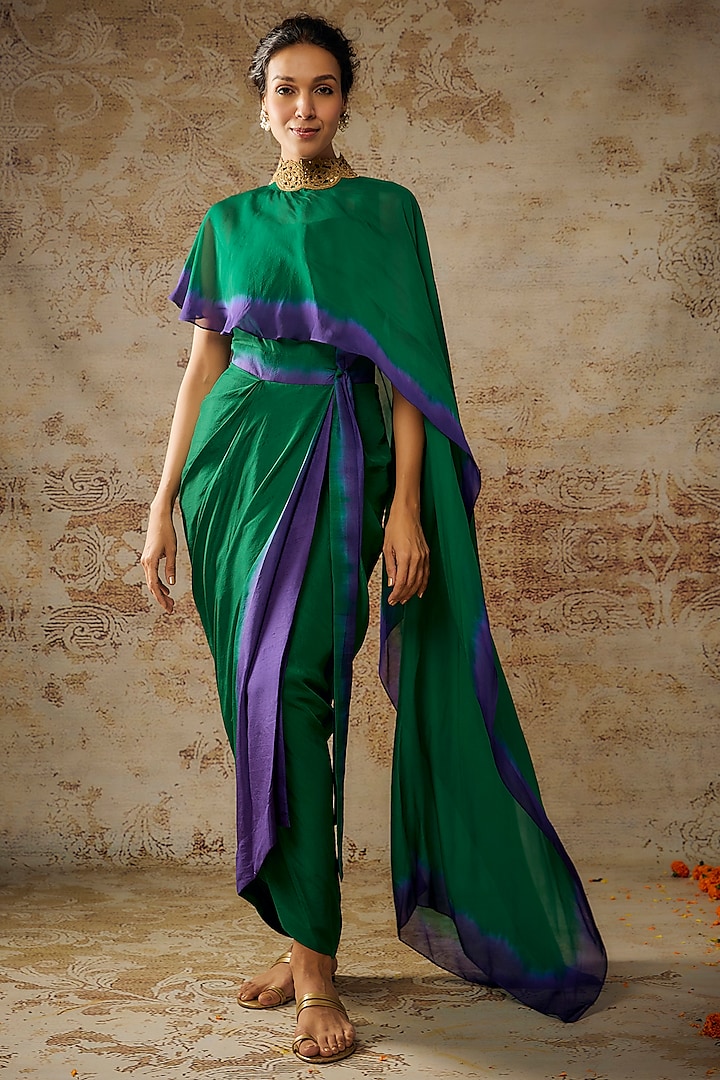 Emerald Green & Purple Dupion Jacket Dress by Anand Kabra