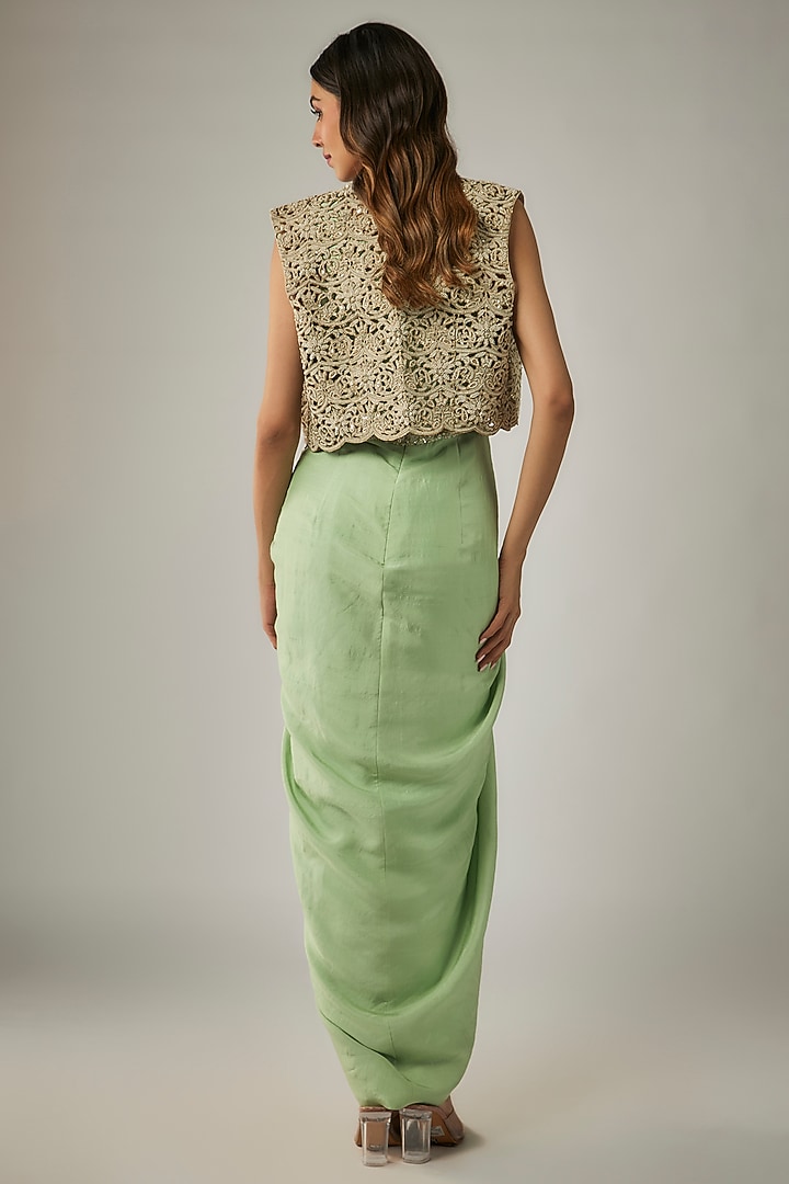 Mint Green Dupion Silk Embroidered Jacket Party Wear Dress by Anand Kabra at Pernia's Pop Up Shop