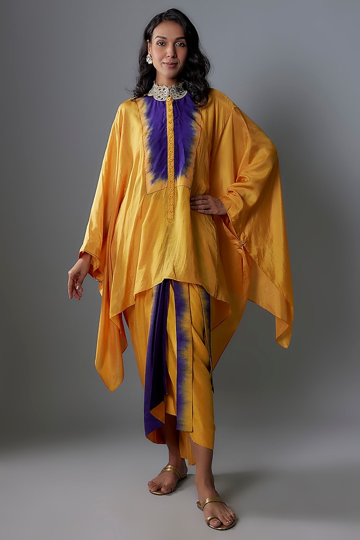 Mustard & Purple Habutai Silk Cape Set by Anand Kabra at Pernia's Pop Up Shop