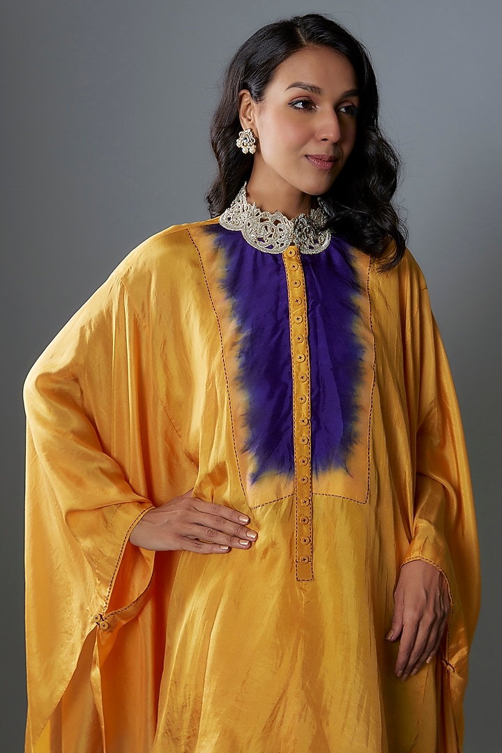 Mustard & Purple Habutai Silk Cape Set by Anand Kabra at Pernia's Pop Up Shop