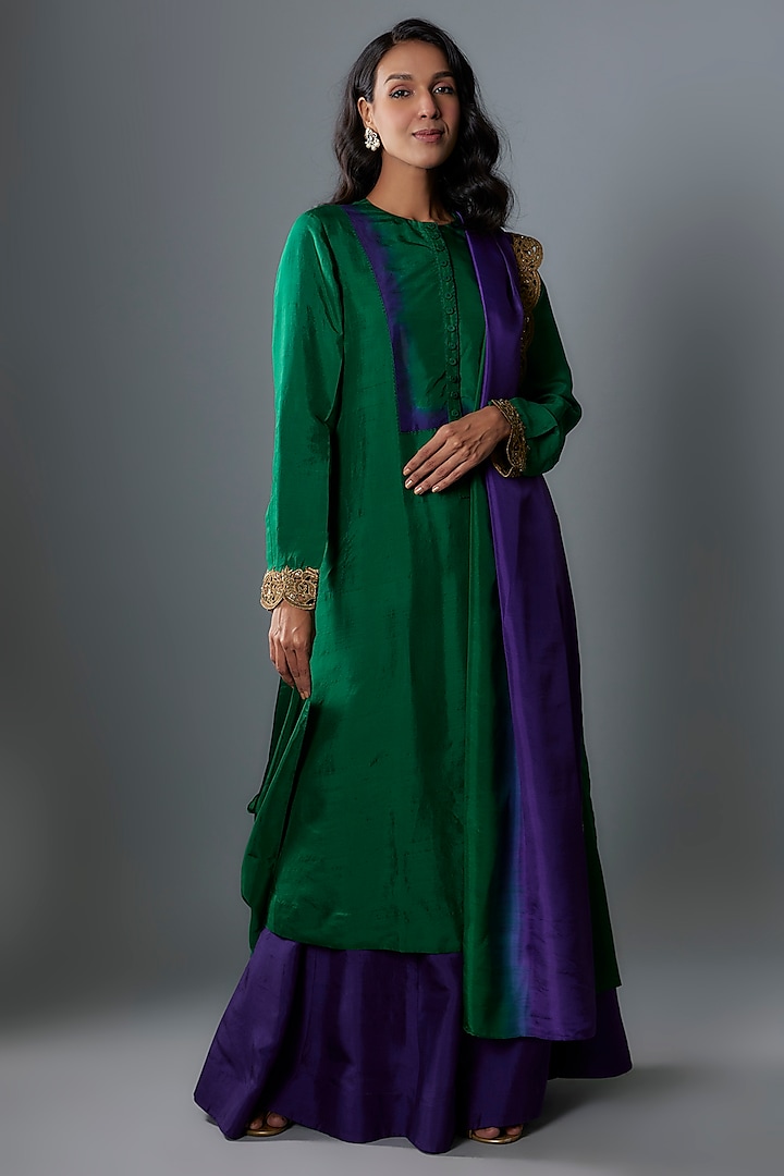 Emerald Green Dupion Silk Kurta Set Set by Anand Kabra at Pernia's Pop Up Shop