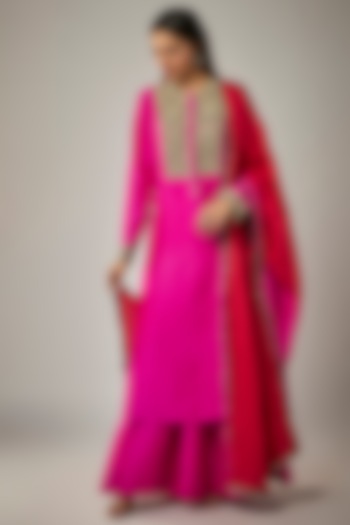 Fuchsia Dupion & Habutai Silk Sharara Set by Anand Kabra