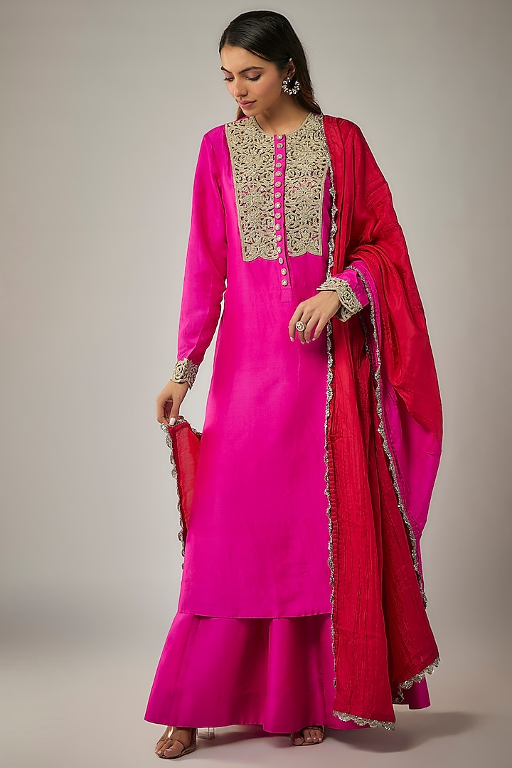 Fuchsia Dupion & Habutai Silk Sharara Set by Anand Kabra