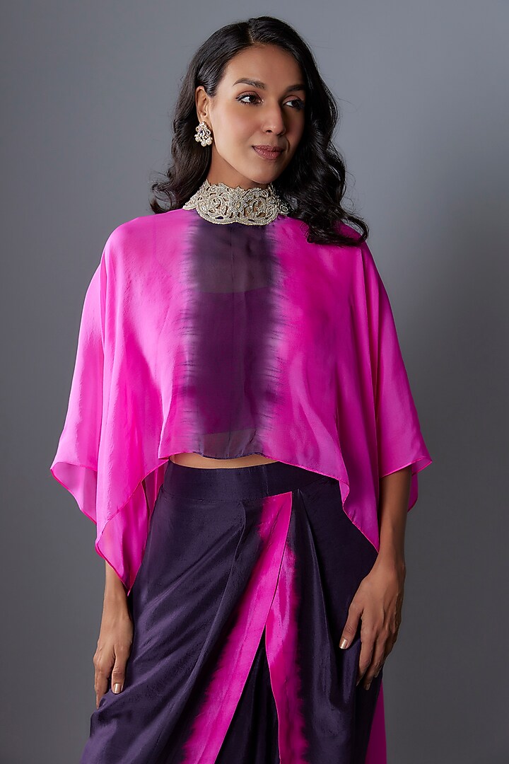 Hot Pink Chiffon Cape Set by Anand Kabra at Pernia's Pop Up Shop