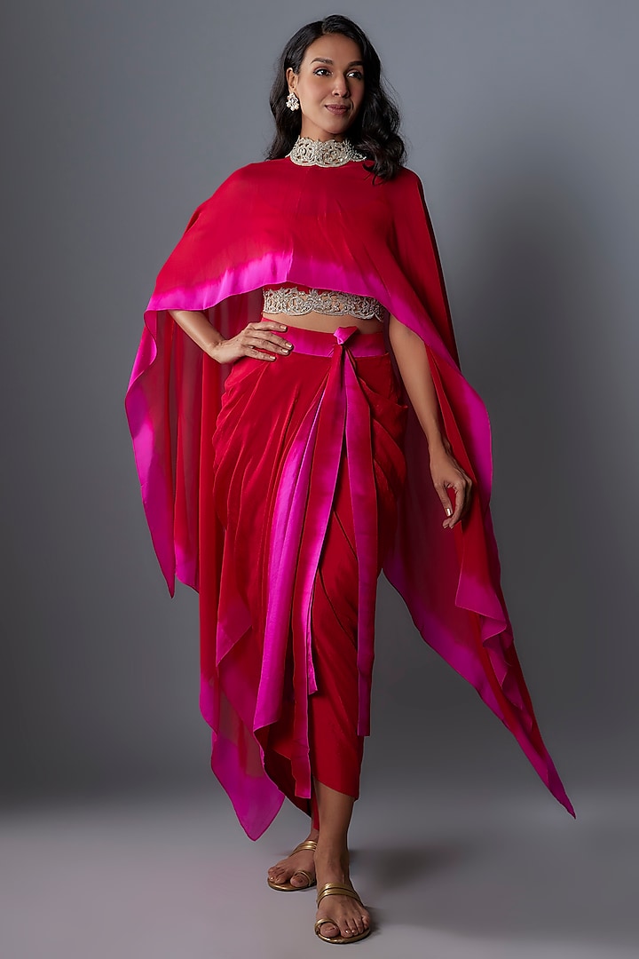 Red & Hot Pink Chiffon Cape Set by Anand Kabra