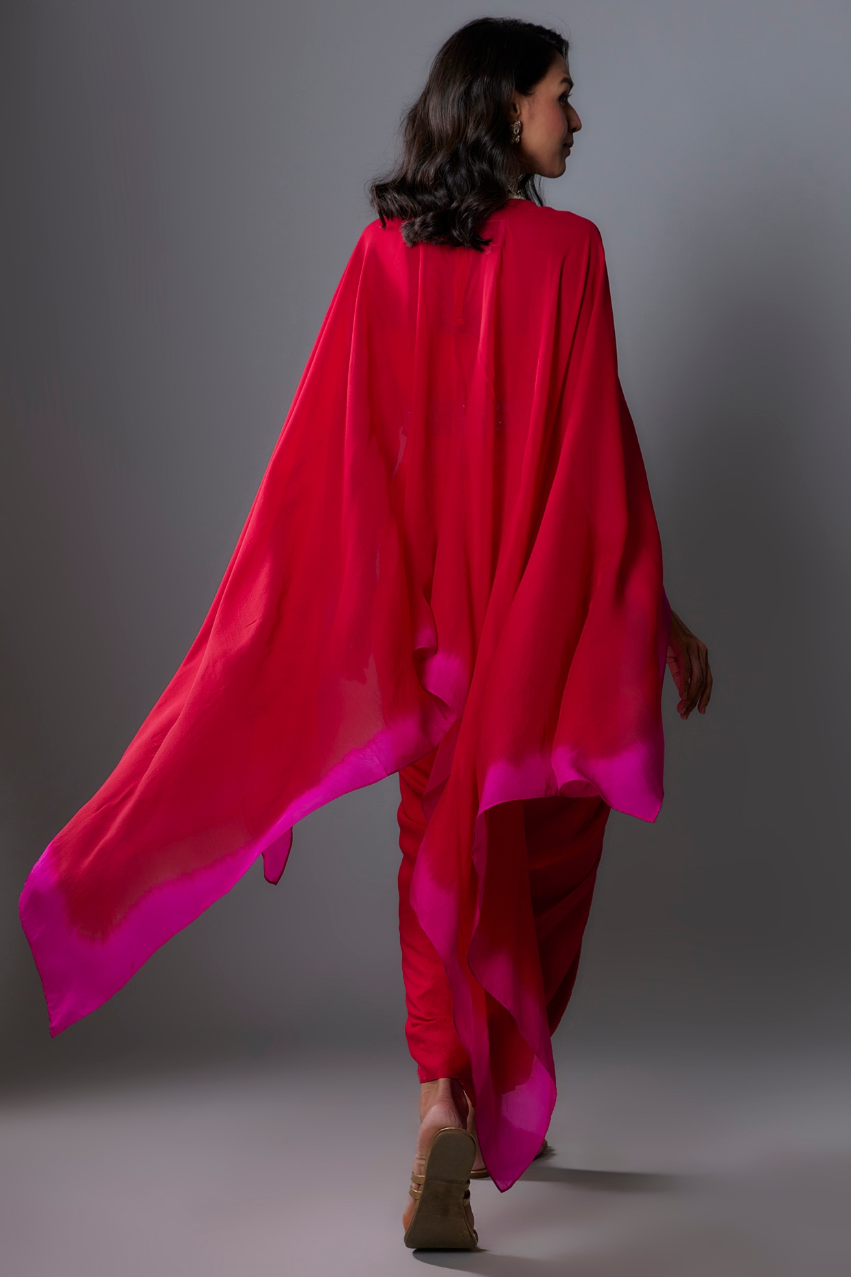 Red Hot Pink Chiffon Cape Set Design by Anand Kabra at Pernia s