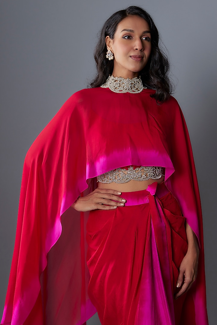 Red & Hot Pink Chiffon Cape Set by Anand Kabra at Pernia's Pop Up Shop