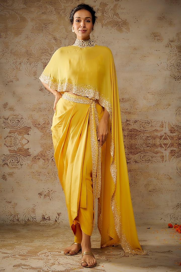 Mustard Yellow Chiffon Sequins Embroidered Cape Set by Anand Kabra at Pernia's Pop Up Shop