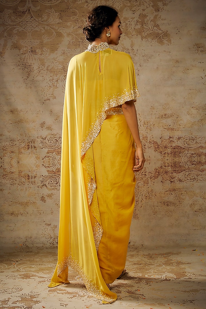 Mustard Yellow Chiffon Sequins Embroidered Cape Set by Anand Kabra at Pernia's Pop Up Shop
