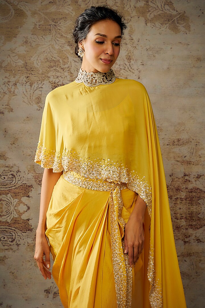 Mustard Yellow Chiffon Sequins Embroidered Cape Set by Anand Kabra at Pernia's Pop Up Shop