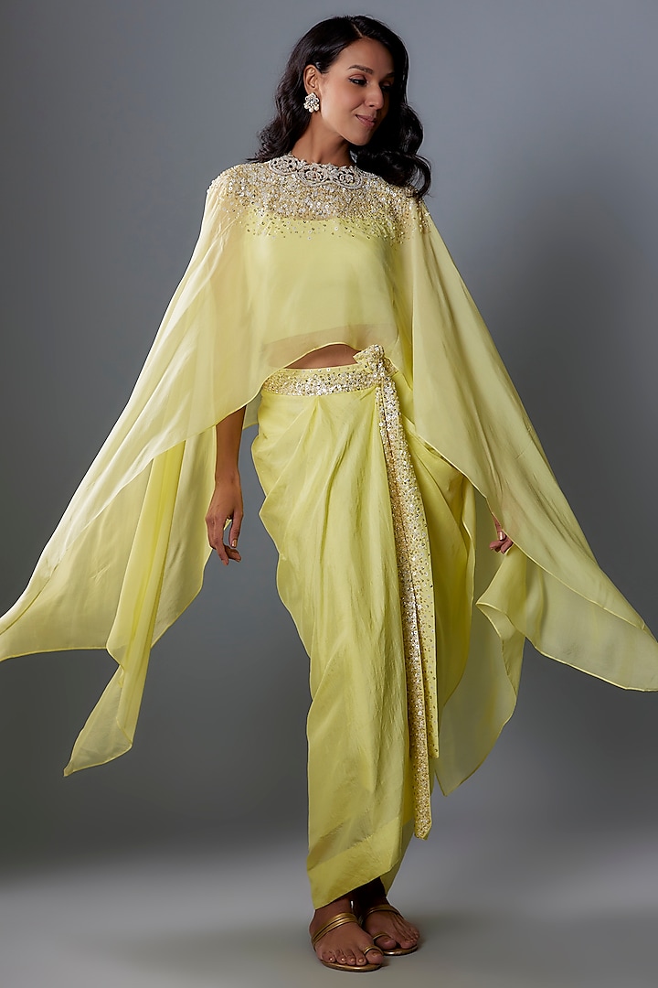 Lime Green Chiffon Sequins Embroidered Cape Set by Anand Kabra
