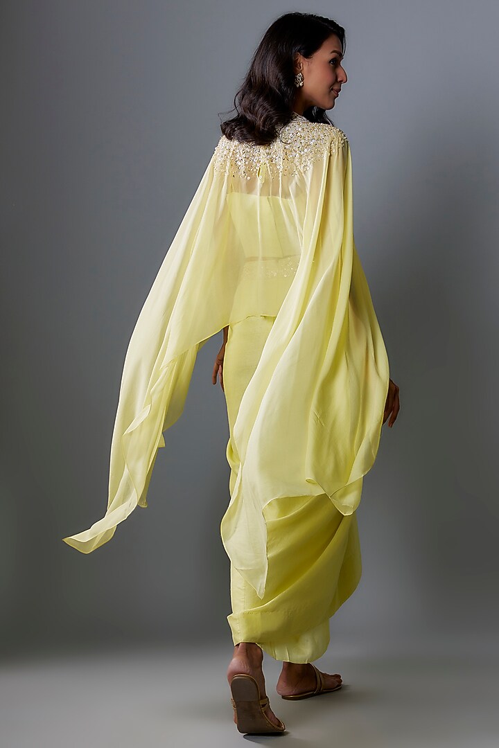 Lime Green Chiffon Sequins Embroidered Cape Set by Anand Kabra at Pernia's Pop Up Shop