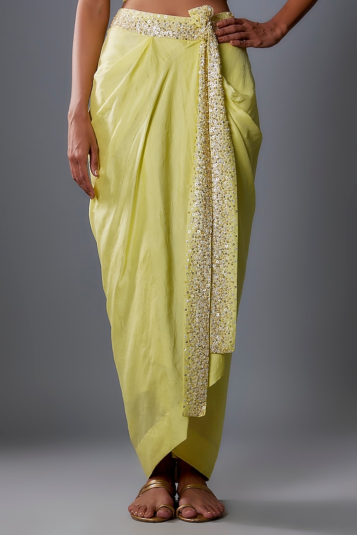 Lime Green Chiffon Sequins Embroidered Cape Set by Anand Kabra at Pernia's Pop Up Shop
