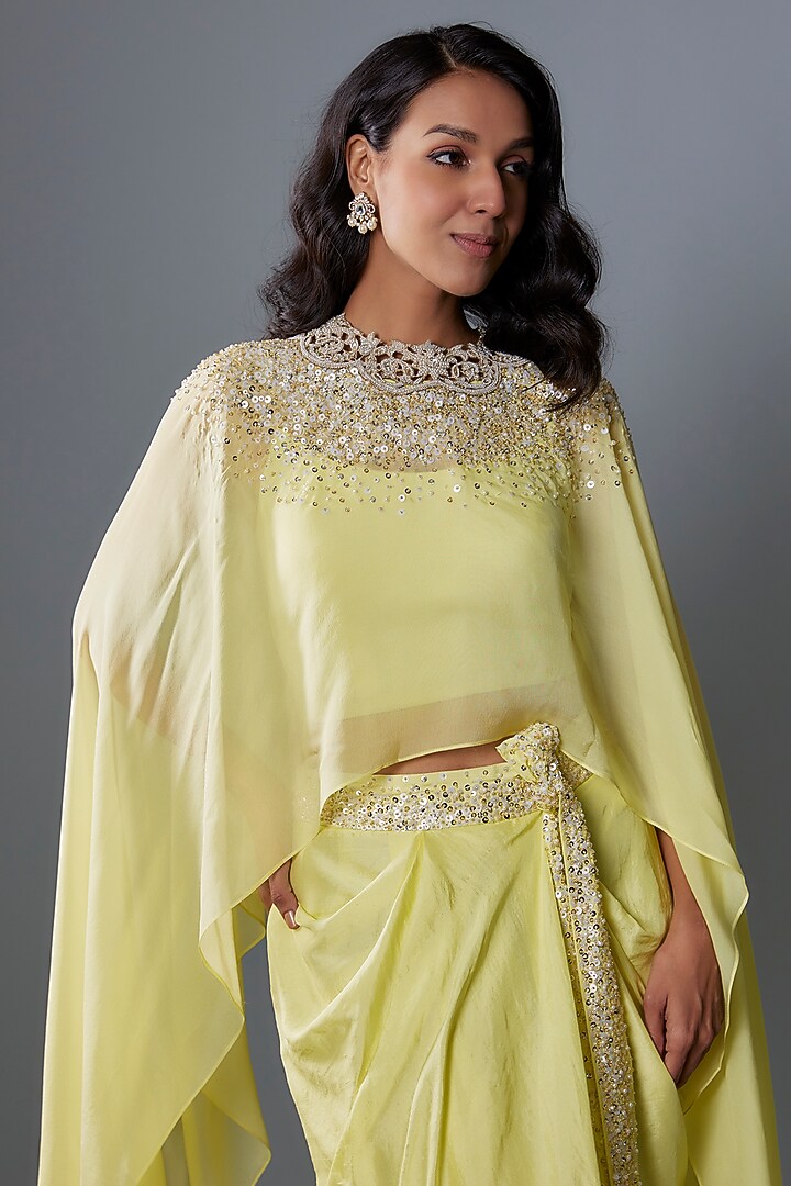 Lime Green Chiffon Sequins Embroidered Cape Set by Anand Kabra at Pernia's Pop Up Shop
