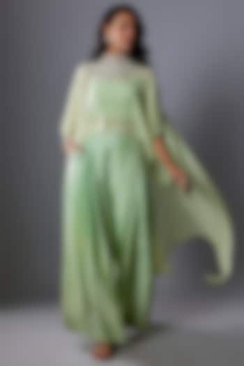 Mint Green Chiffon Sequins Embroidered Cape Set by Anand Kabra