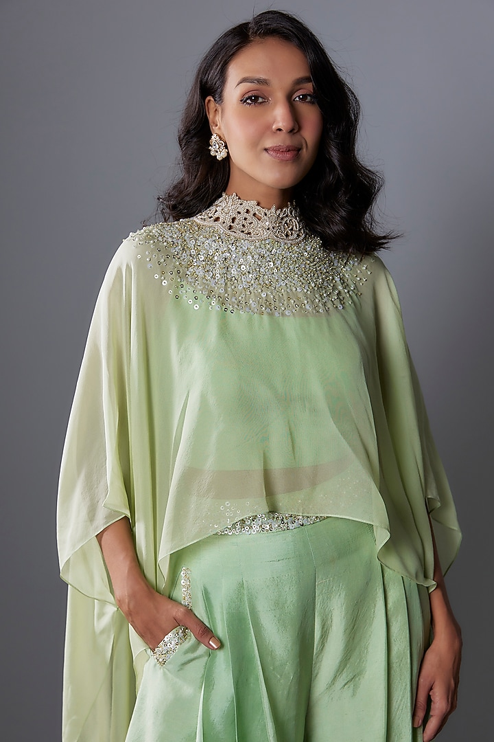 Mint Green Chiffon Sequins Embroidered Cape Set by Anand Kabra at Pernia's Pop Up Shop
