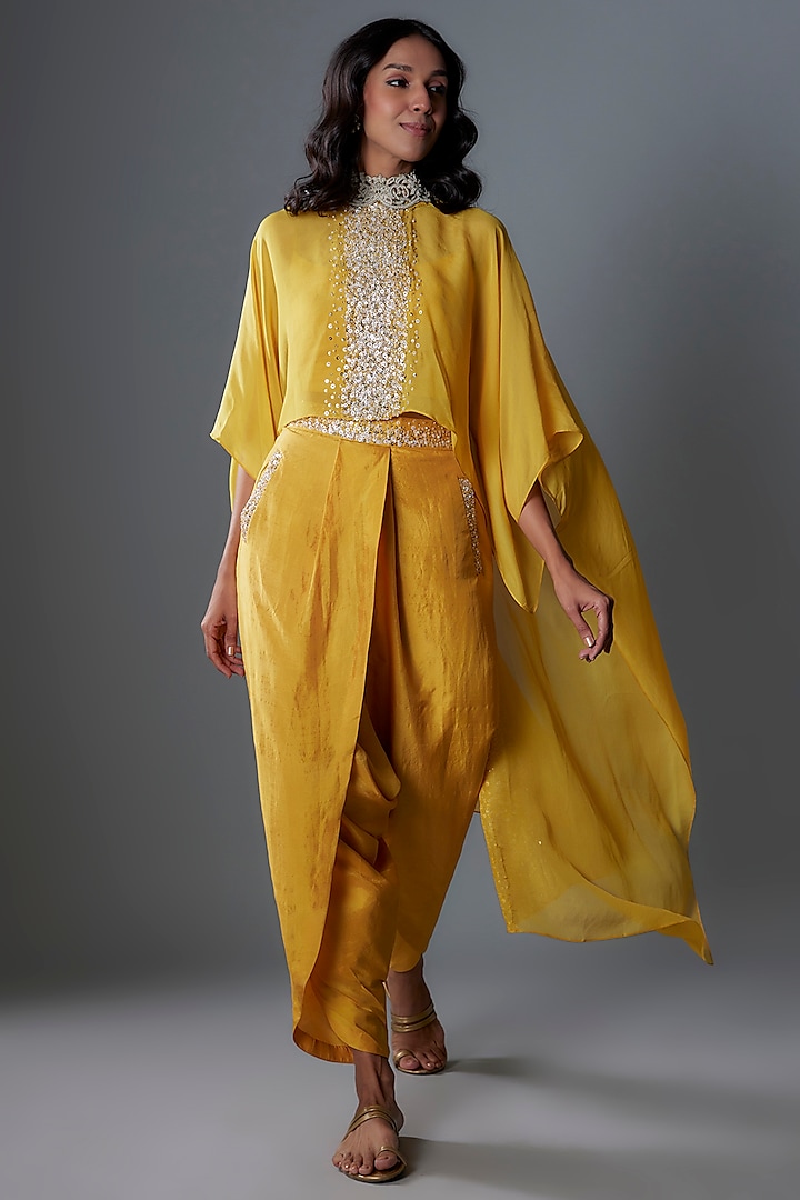 Mustard Yellow Sequins Embroidered Chiffon Cape Set by Anand Kabra