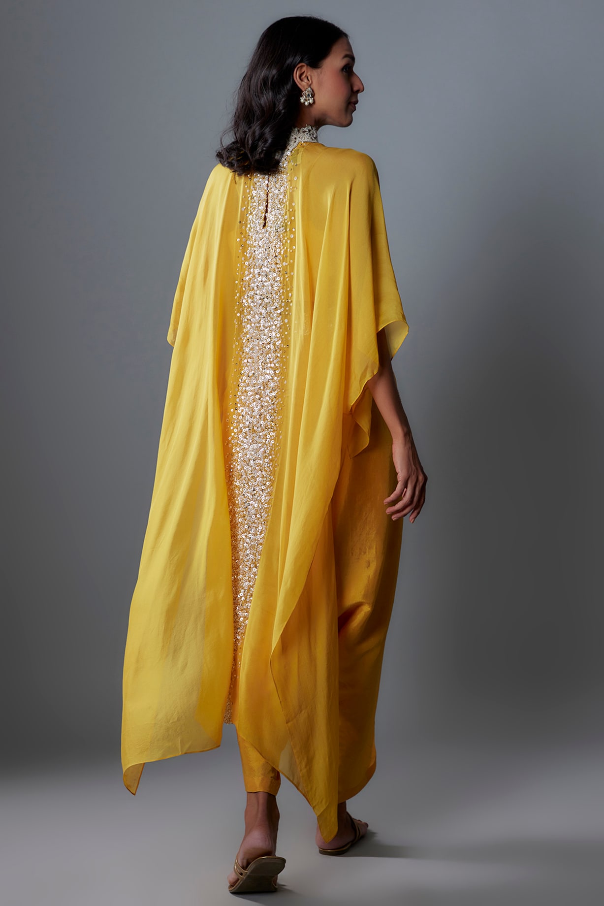 Mustard Yellow Sequins Embroidered Chiffon Cape Set Design by Anand