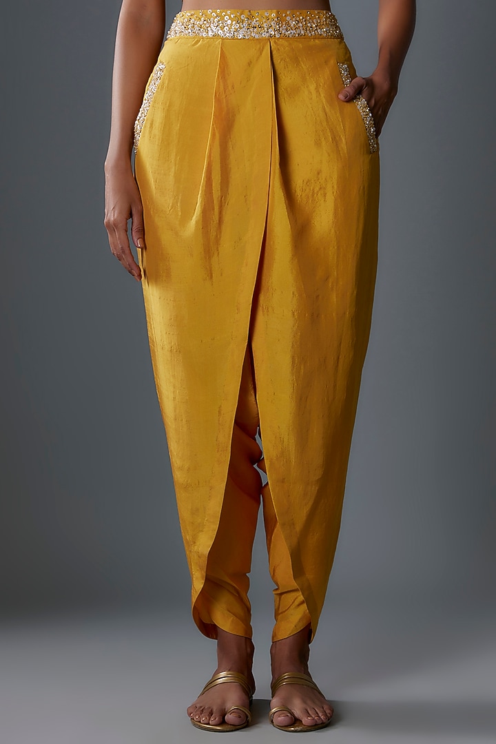 Mustard Yellow Sequins Embroidered Chiffon Cape Set by Anand Kabra at Pernia's Pop Up Shop