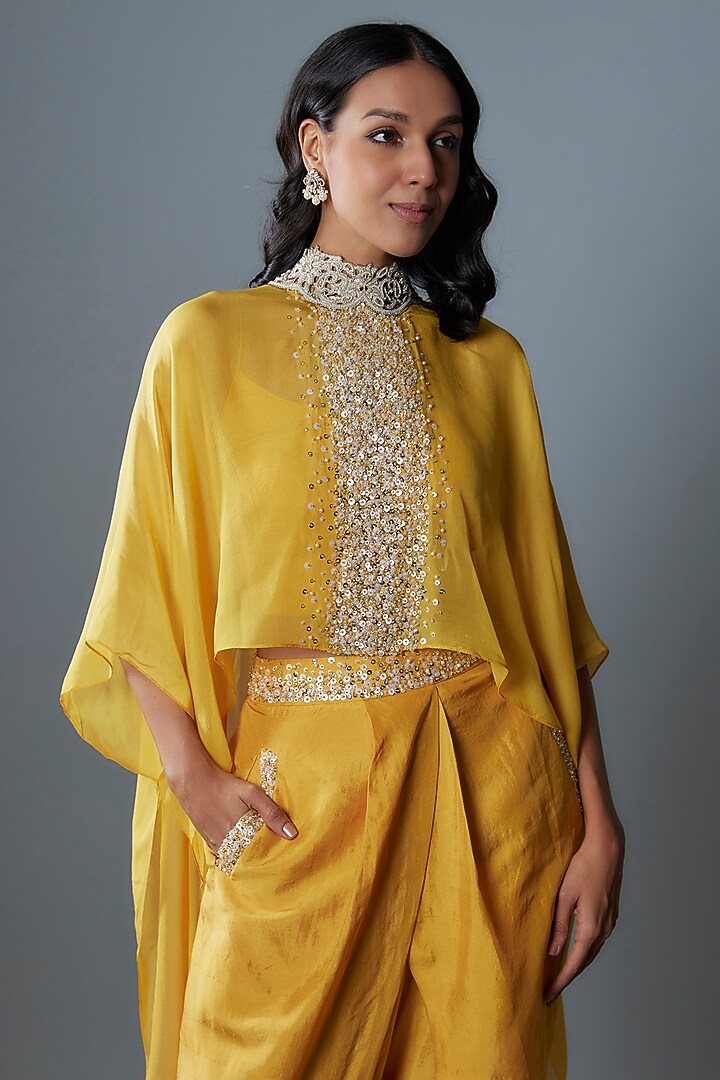 Mustard Yellow Sequins Embroidered Chiffon Cape Set by Anand Kabra at Pernia's Pop Up Shop
