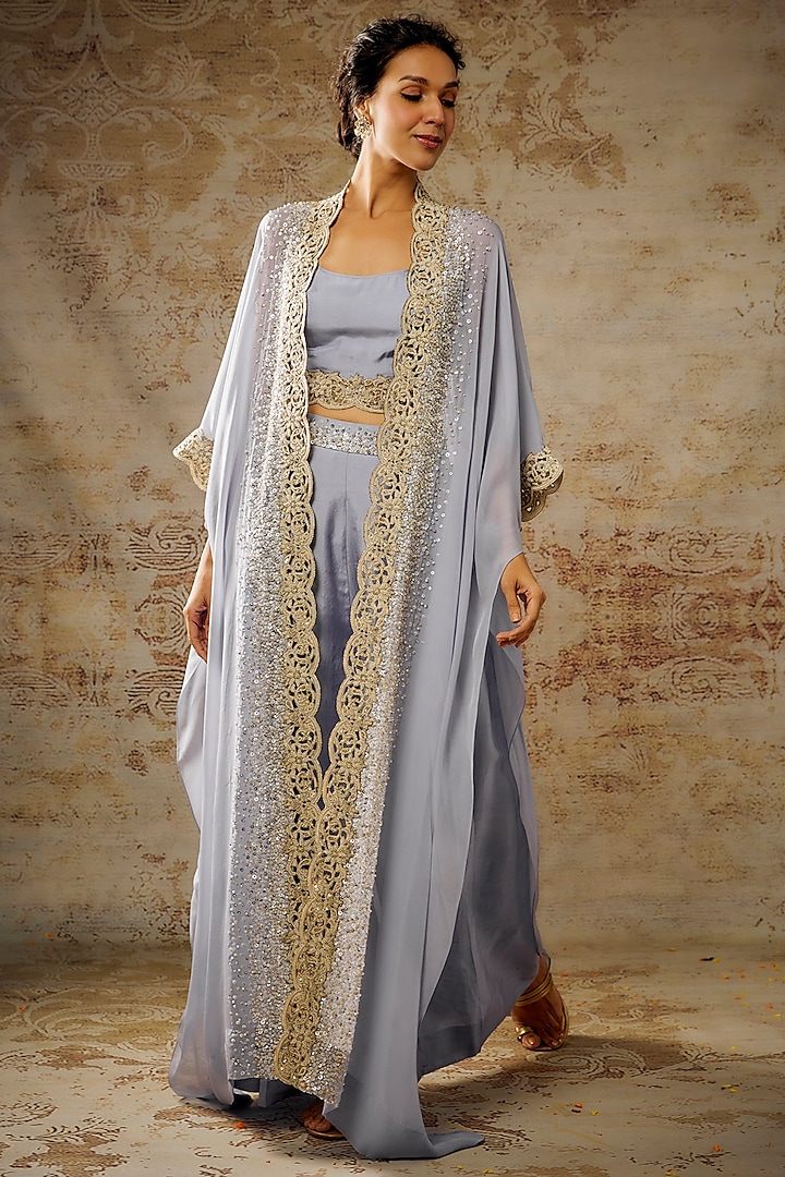 Lavender Chiffon Sequins Embroidered Cape Set by Anand Kabra