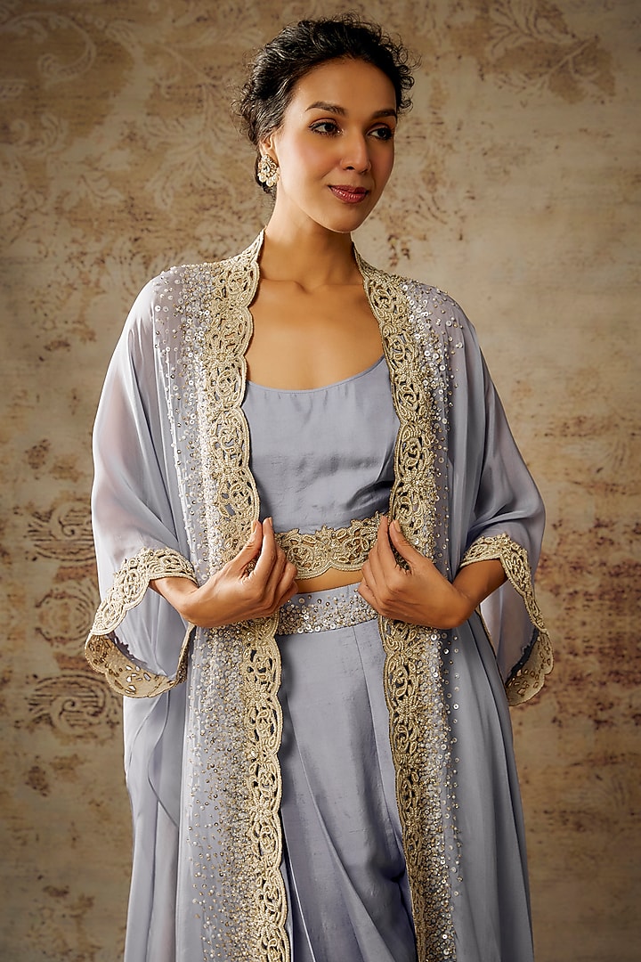Lavender Chiffon Sequins Embroidered Cape Set by Anand Kabra at Pernia's Pop Up Shop