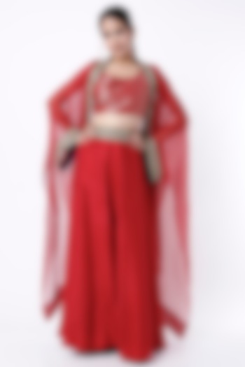 Red Embroidered Overlay Set by Anand Kabra