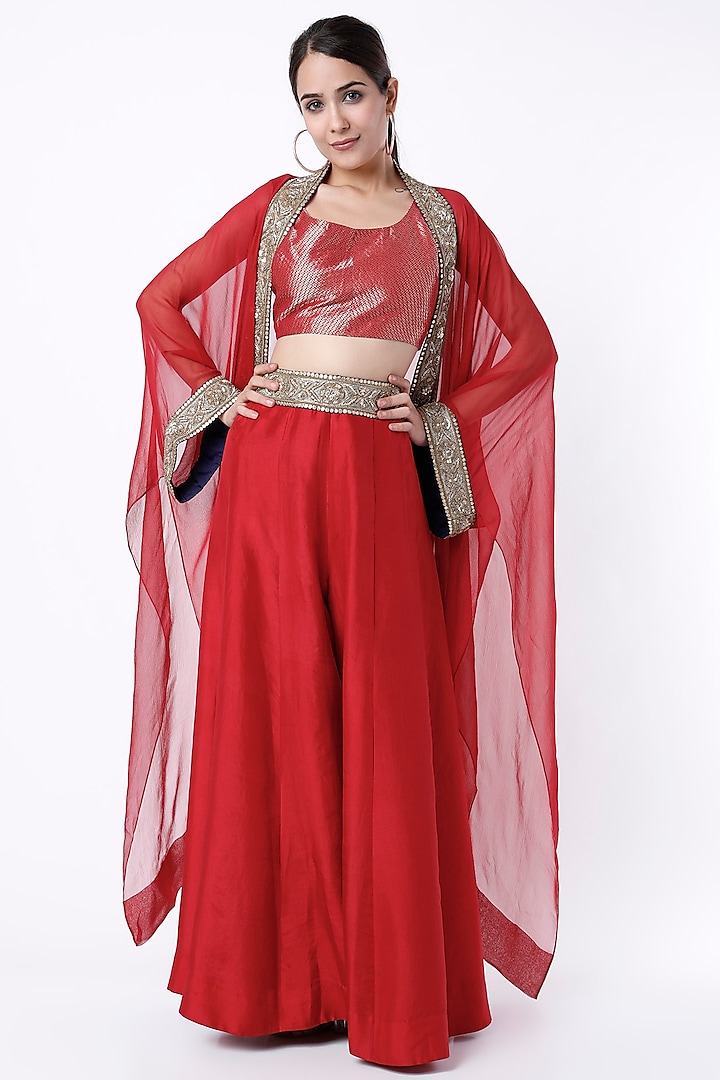 Red Embroidered Overlay Set by Anand Kabra