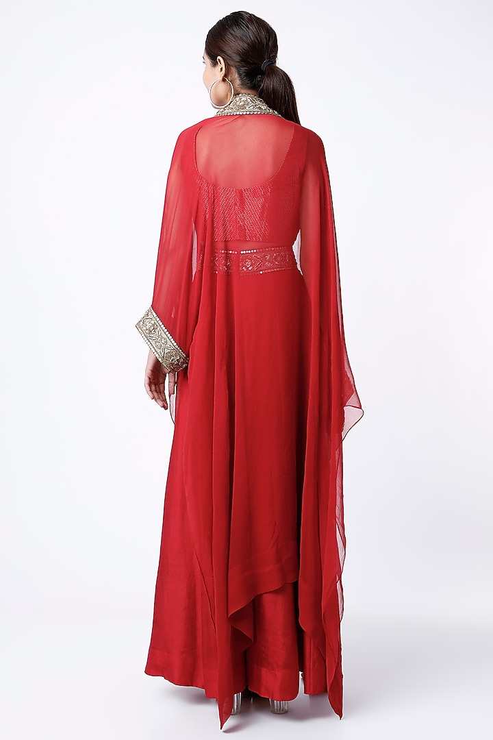 Red Embroidered Overlay Set by Anand Kabra at Pernia's Pop Up Shop
